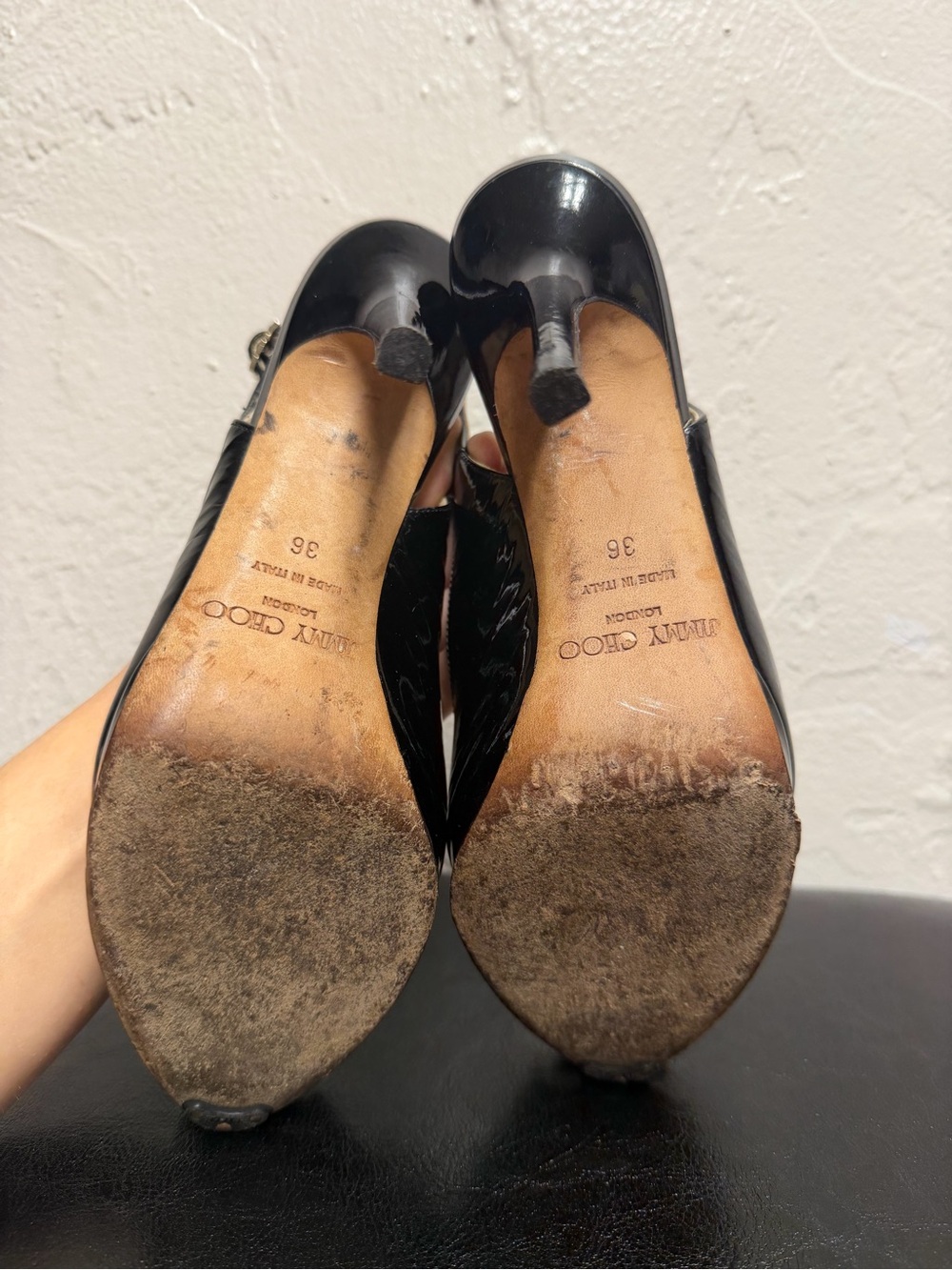 Jimmy Choo Black Patent Leather Peep-Toe Slingback Heels - Picture 4 of 15